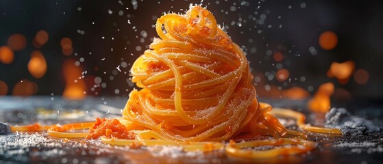 Spaghetti Carbonara sculpture, high fashion twist, vibrant setting ,3DCG,clean sharp focus - obrazy, fototapety, plakaty