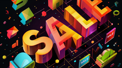 The word SALE in bold, colorful letters on top of three flat color blocks arranged to form an isometric perspective with the text . The background should be a plain black for contrast