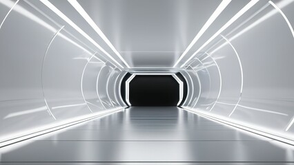 3d Tunnel Background. white tunnel background Abstract white light. Empty white future 3D neon background futuristic corridor modern interior silver road black wall.