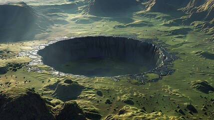 a crater in the middle of a desert area - obrazy, fototapety, plakaty