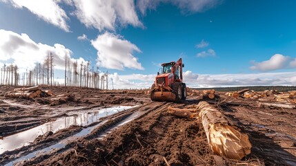 Fototapeta premium a large amount of logs are stacked on the ground in a field
