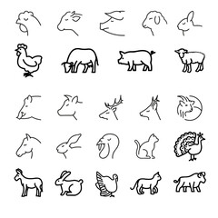Farm and hunting animals, thin line icon set. Symbol collection in transparent background.Flaticon collection set. Simple vector icons