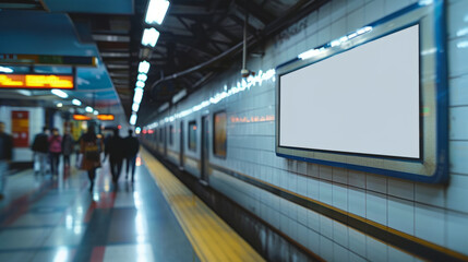 Advertising Space, Blank poster in a busy subway station, perfect for high visibility ads.