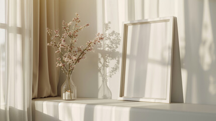 Interior Design,  Frame mockup, Minimalist living room with sunlight and a blank frame.