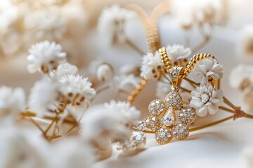 Delicate diamond flower pendant on a gold chain with a white flower background