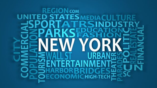 Keywords cloud of New York. Words collage. Infographic animation. Business and travel concept