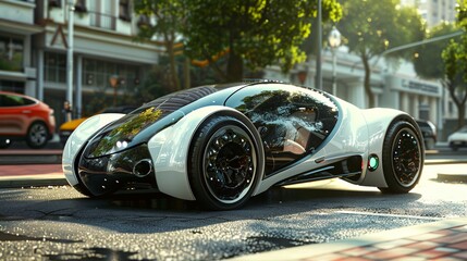 a futuristic car is parked on a sidewalk in front of a building - obrazy, fototapety, plakaty
