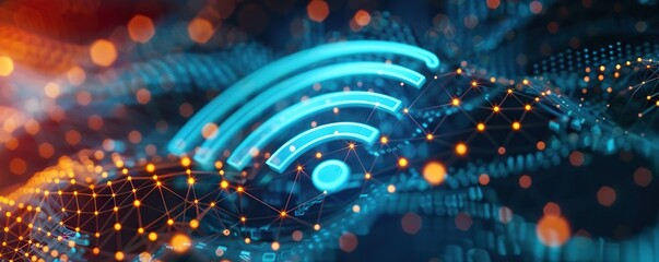 Abstract digital connectivity concept with glowing Wi-Fi symbol on blue background