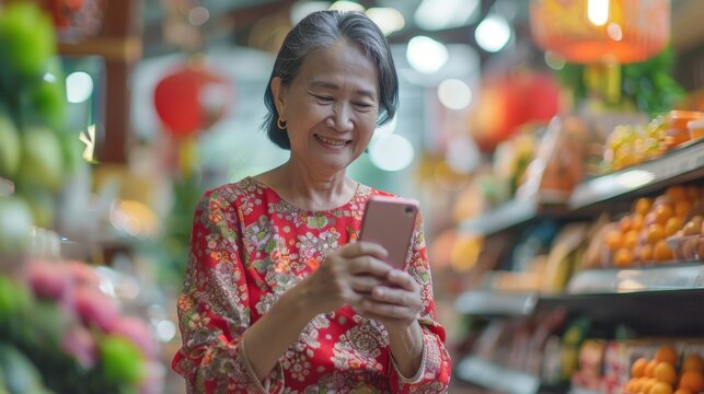 smiling adult woman of Asian appearance with smartphone in hand in supermarket, payment concept
