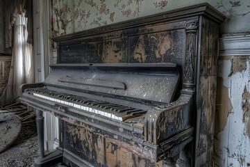 Fototapeta na wymiar Vintage piano with peeling paint in an abandoned building, showcasing a sense of nostalgia and decay, with natural light coming through a window.