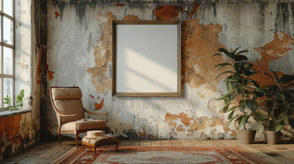Interior Design mockup, A cozy vintage-inspired interior with an empty frame.