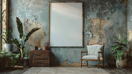 Interior Mockup, A vintage room with a blank frame, retro furniture, and classic decor elements.