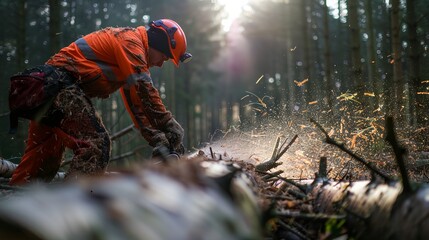 a man cutting a log with a chainsaw in a forest - obrazy, fototapety, plakaty