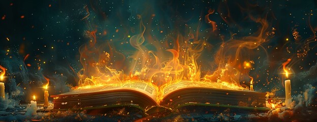 a book is on fire with candles burning around it and a dark background
