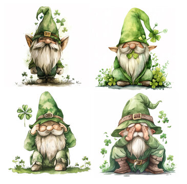 set of cute funny gnomes dressed in green in honor of St. Patrick's Day