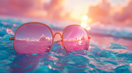 a pair of sunglasses sitting on top of a wave covered beach next to the ocean with a sunset in the background