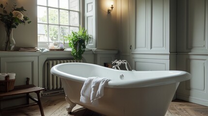 Fototapeta na wymiar a white bath tub sitting in a bathroom next to a window