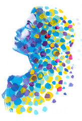 A painted colorful double exposure portrait of a woman's profile - 780593973