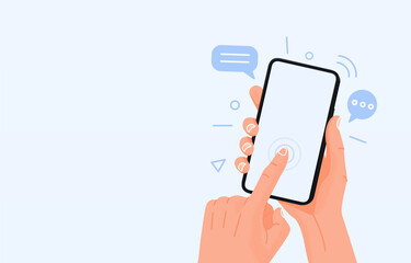 Touchscreen smartphone using, device media app. Vector illustration