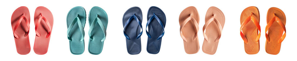 Collection of rubber sandals flip-flops isolated on a transparent background, summer, PNG