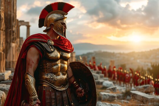 Ancient Greek Spartan warrior in armor with shield, muscular antique soldier