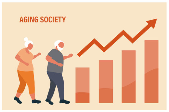 Aging society concept, world population aging because of low birth. Increasing senior elderly people vector illustration