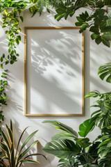 Interior Design, A mockup of a minimalist photo frame on a white wall surrounded by lush green indoor plants.