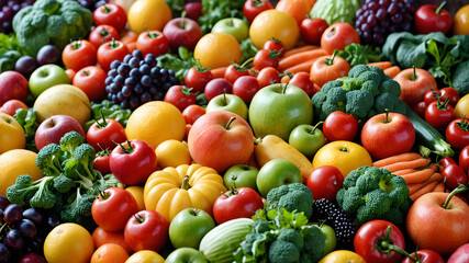 A colorful array of fresh fruits and vegetables, including a red tomato, green pepper, orange, and cucumber, for a healthy diet