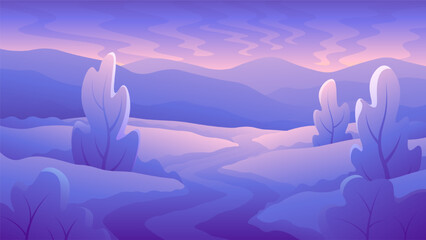 Evening landscape trees near the river on the mountains background. Atmospheric sunset illustration.