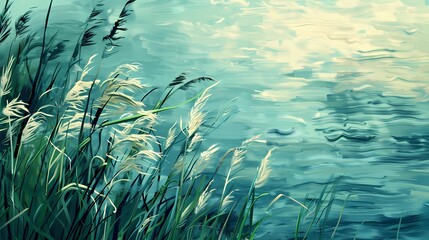 green and blue small boat on the river, high mountain illustration poster background