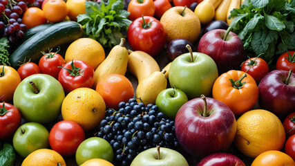 Assorted fresh fruits and vegetables on a white background