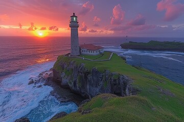 Lighthouse Perched on Cliff Overlooking Ocean - obrazy, fototapety, plakaty