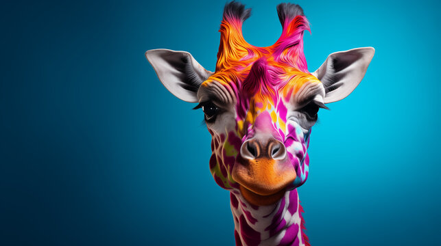 creative portrait of a giraffe on a bright blue background