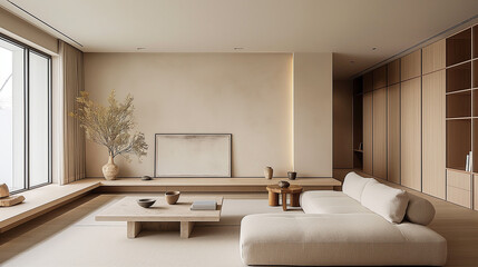 interior of a Japandi style interior living room a design with simplicity, natural elements, and minimalism
