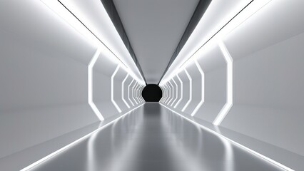 3d Tunnel Background. white tunnel background Abstract white light. Empty white future 3D neon background futuristic corridor modern interior silver road black wall.