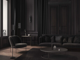 modern living room with a touch of modernity, in the style of dark colors, minimalism, modular design