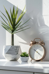 Interior Decor, A modern and minimalist interior scene featuring green plants and a classic alarm clock on a clean, white surface against a textured wall.
