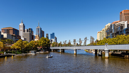 Melbourne skyline and Queens Bridge across the Yarra River, Australia