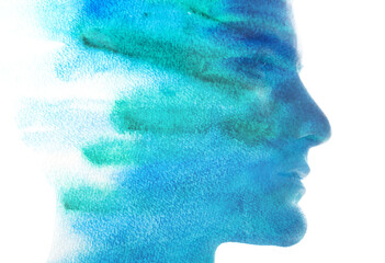 A blue green watercolor paintography profile silhouette of a man