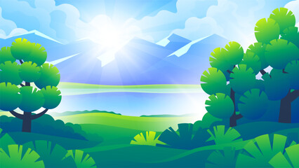 Beautiful green forest near the beach on mountains background. Summer vacation near forest and river colorful landscape illustration horizontal.
