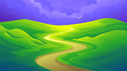 Green grassland colorful illustration. Horizontal landscape hills on storm clouds background.
