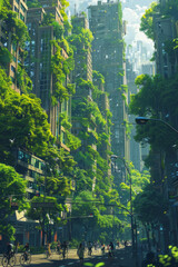 Futuristic Green City, Vision of a sustainable city blending urban life with nature.