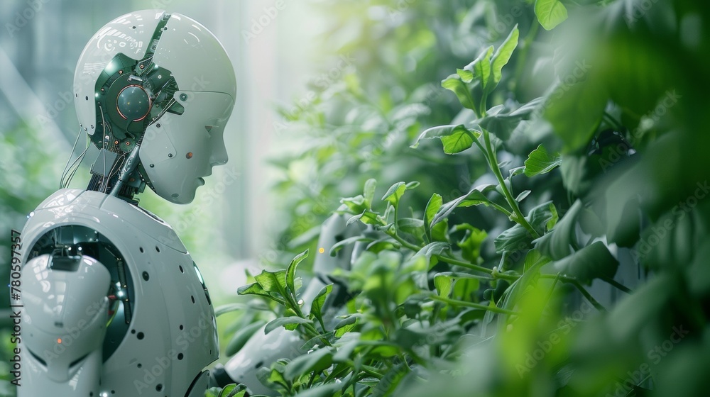 Sticker A robot is standing in a green field with plants, AI