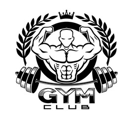 Gym club sports icon with muscular athlete on white background.