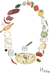 Graphic pizza poster, hand drawn vector illustration. Ingredients for Italian restaurant or mediterranean food. pizza food elements clip art. Delicious Italian appetizer - 780597387