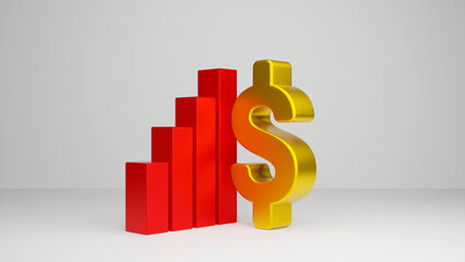 3d growth chart of the dollar on white background. Investing in currency on white background. Business financial trading concept. Financial graph with dollar sign on white background.