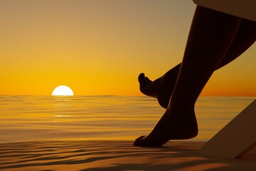 Close-up bottom view of female legs and feet at ocean coast wave against warm sunrise or sunset sun. Woman barefoot sitting in the beach chair. Travel and tourism concept. 3D illustration, rendering.