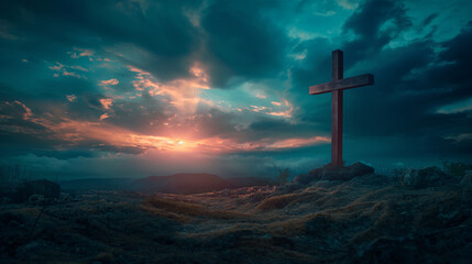 christian cross on top of a mountain sunset landscape  - obrazy, fototapety, plakaty