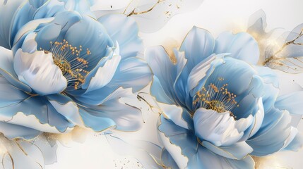 3D blue peony flowers with white background, light gold and dark beige style, elegant flower design, closeup of large petals, ultrahigh definition images