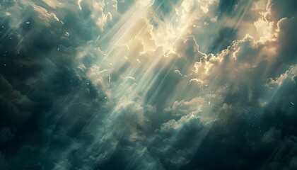 Sun rays shining through stormy cloudscape with dark blue sky and dense clouds - obrazy, fototapety, plakaty